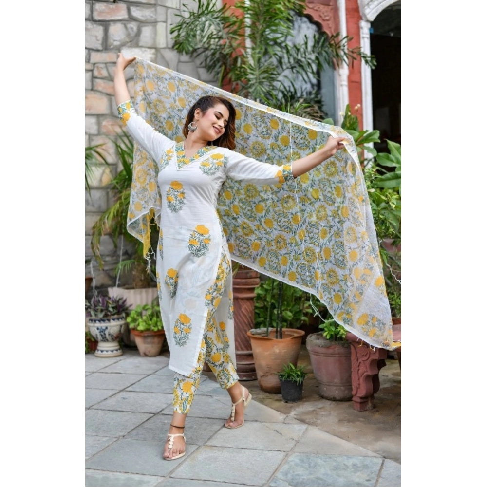 Generisches Kurti-Set aus bedruckter Baumwollmischung für Damen mit Unterteil und Dupatta (gelb)