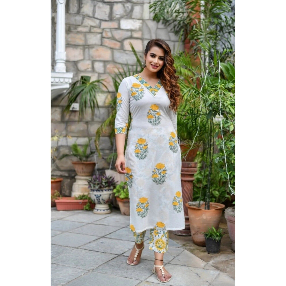 Generic Women's Cotton Blend Printed Work Kurti With Bottom And Dupatta Set (Yellow)