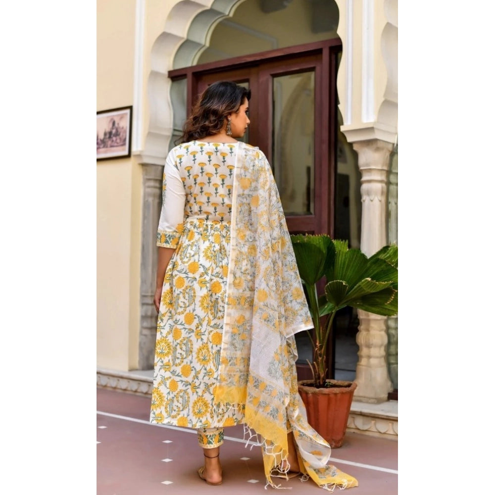 Generic Women's Cotton Blend Printed Work Kurti With Bottom And Dupatta Set (Yellow)