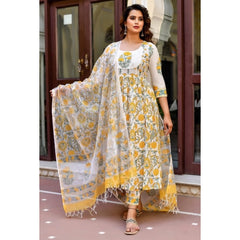 Generic Women's Cotton Blend Printed Work Kurti With Bottom And Dupatta Set (Yellow)