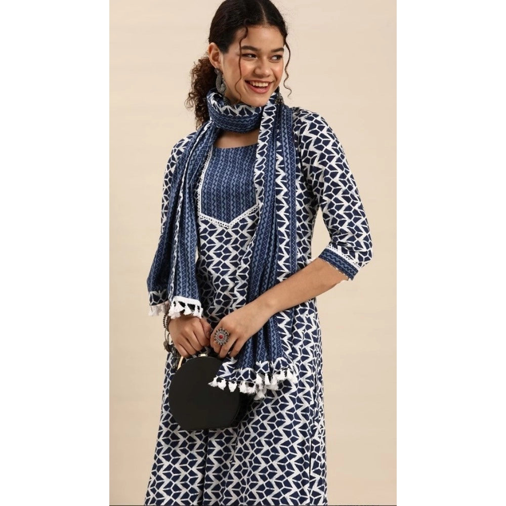 Generic Women's Cotton Blend Printed Work Kurti With Bottom And Dupatta Set (Blue)