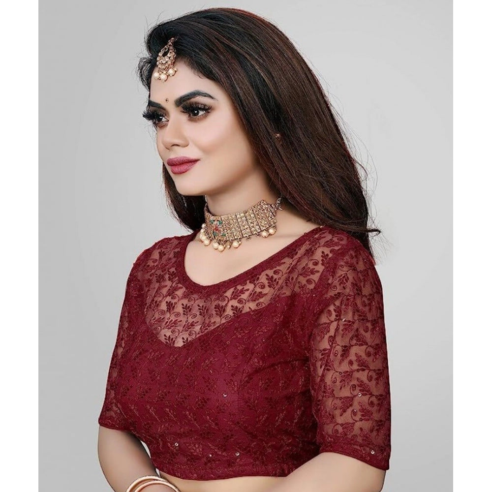 Generic Women's Half Sleeve Net Readymade Blouse (Maroon, Free Size: Up To 34 Inch)