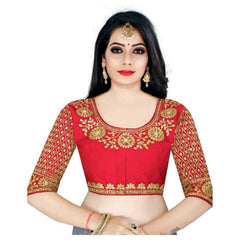 Generic Women's Half Sleeve Ultra satin Readymade Blouse (Red, Free Size: Up To 34 Inch)