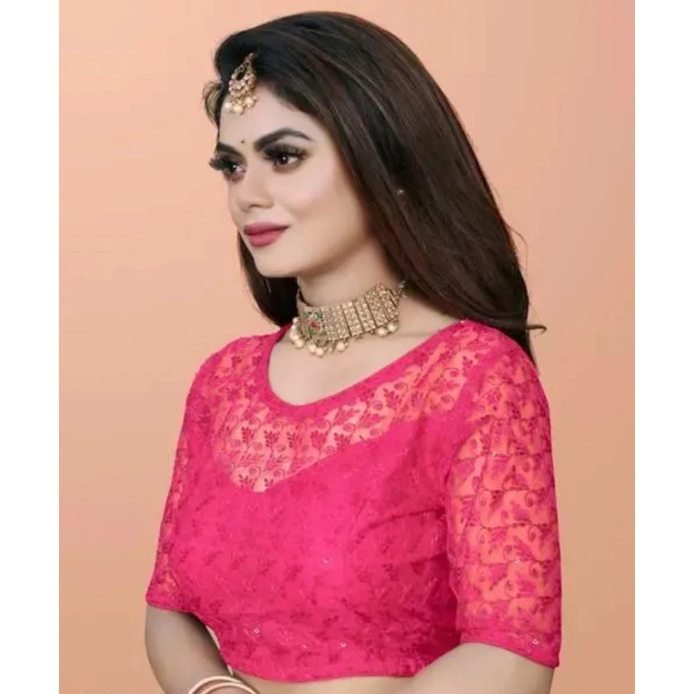 Generic Women's Half Sleeve Net Readymade Blouse (Pink, Free Size: Up To 34 Inch)