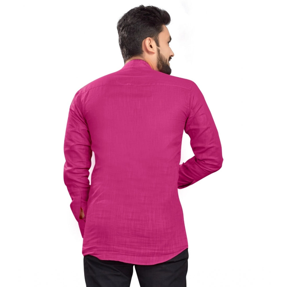 Generic Men's Cotton Solid Full Sleeve Short Kurta (Pink)