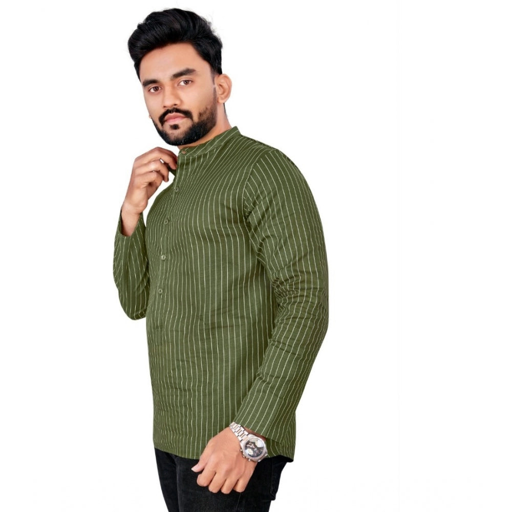 Generic Men's Cotton Striped Pattern Full Sleeve Short Kurta (Green)