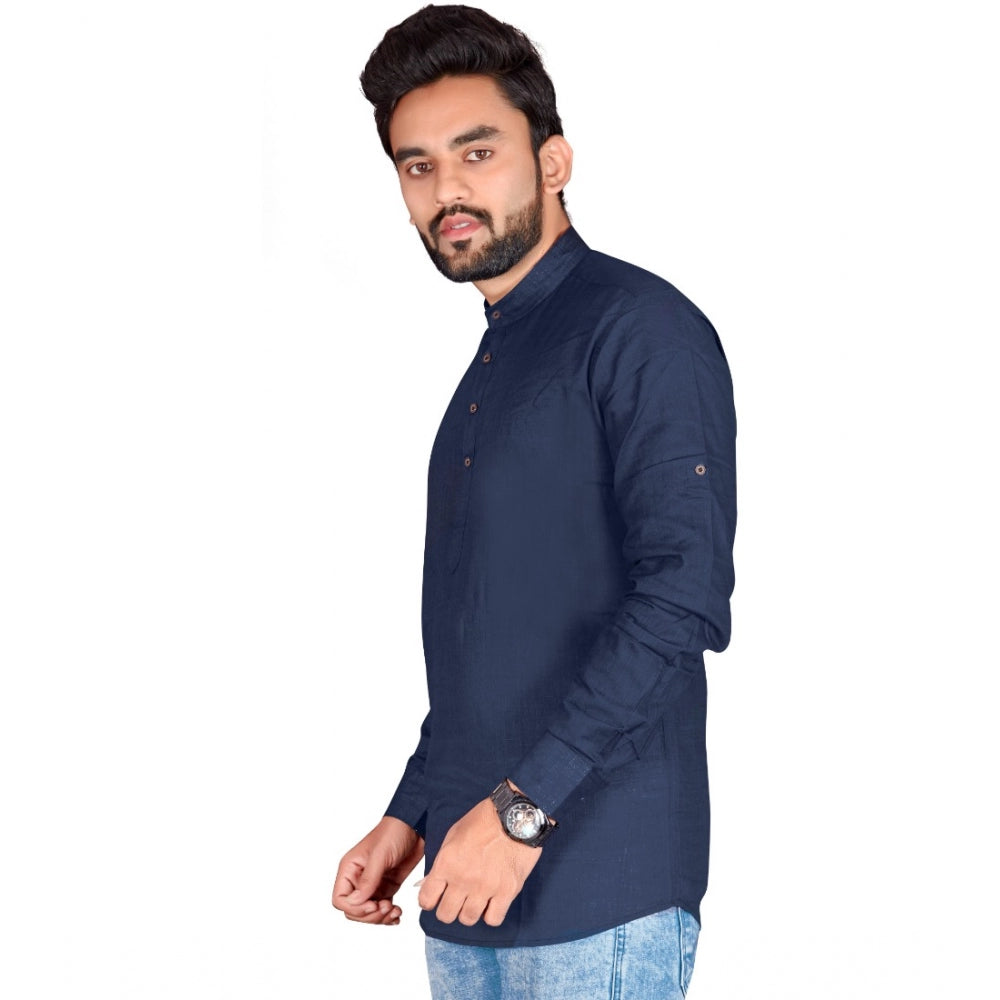 Generic Men's Cotton Solid Full Sleeve Short Kurta (Dark Blue)