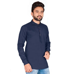 Generic Men's Cotton Solid Full Sleeve Short Kurta (Dark Blue)