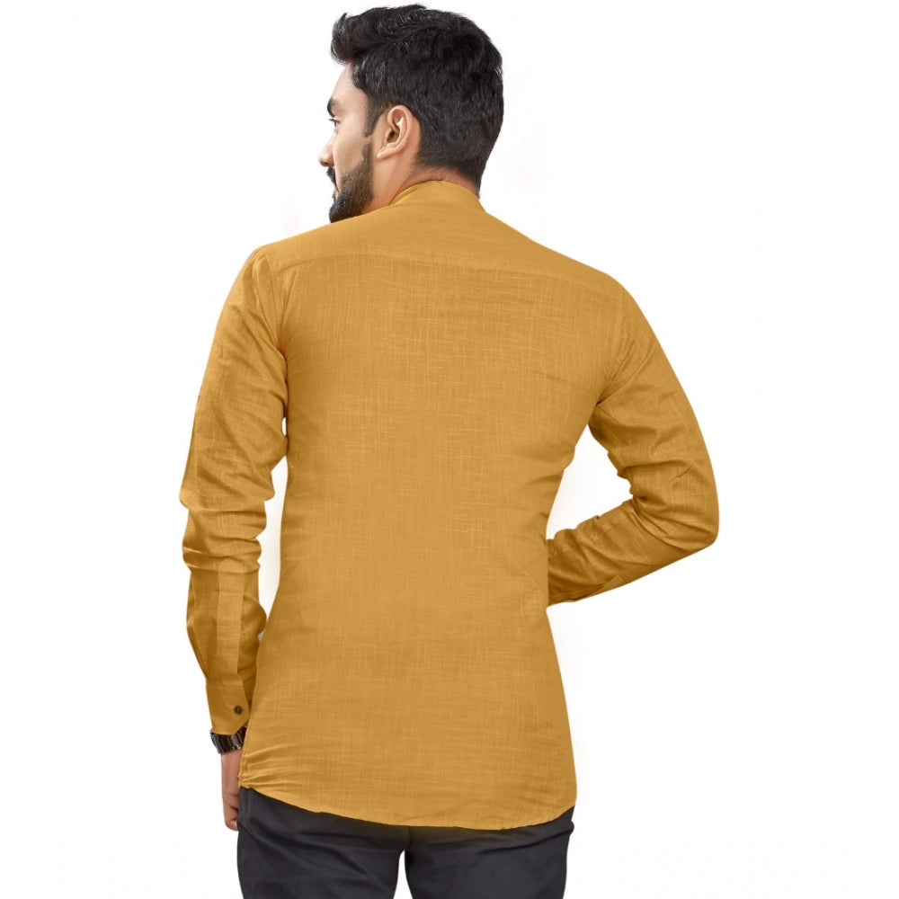 Generic Men's Cotton Solid Full Sleeve Short Kurta (Yellow)