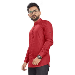 Generic Men's Cotton Solid Full Sleeve Short Kurta (Red)