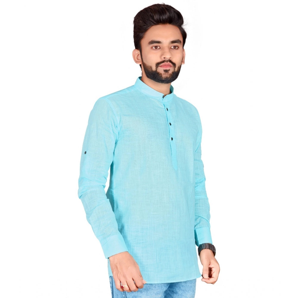 Generic Men's Cotton Solid Full Sleeve Short Kurta (Light Blue)