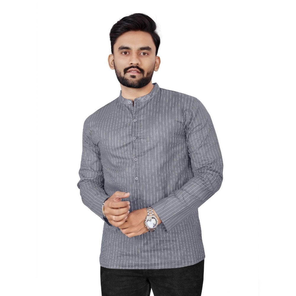 Generic Men's Cotton Solid Full Sleeve Short Kurta (Grey)