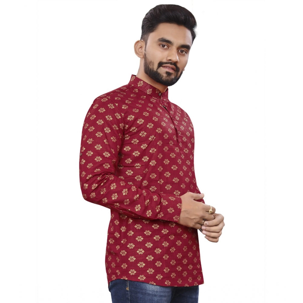 Generic Men's Cotton Printed Full Sleeve Short Kurta (Maroon)