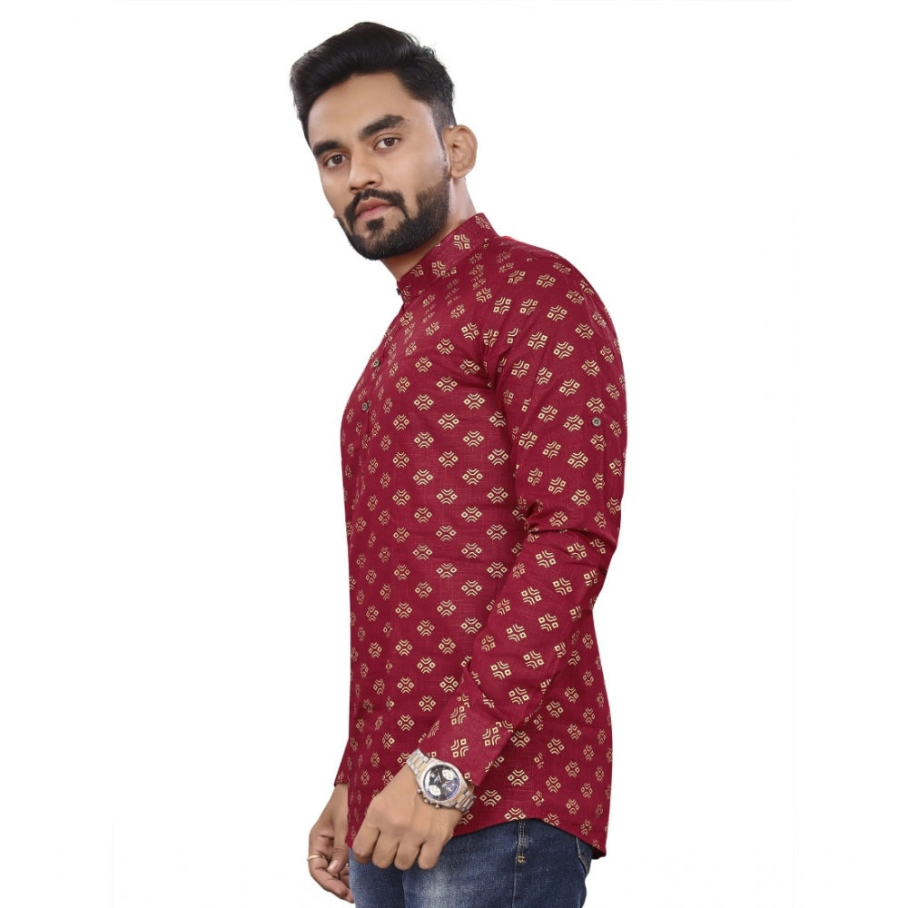 Generic Men's Cotton Printed Full Sleeve Short Kurta (Maroon)