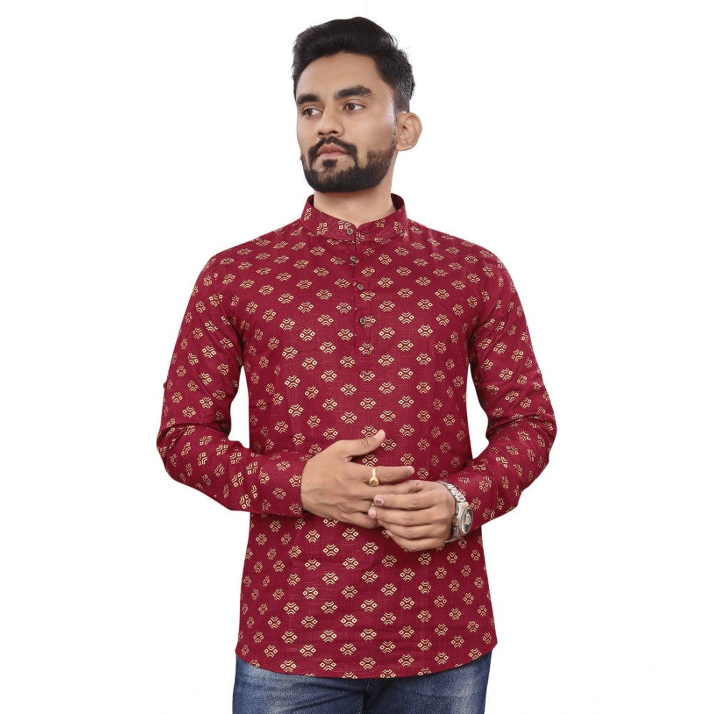 Generisches, bedrucktes, kurzes Kurta aus Baumwolle für Herren mit langen Ärmeln (Kastanienbraun)