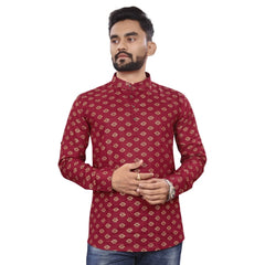 Generic Men's Cotton Printed Full Sleeve Short Kurta (Maroon)