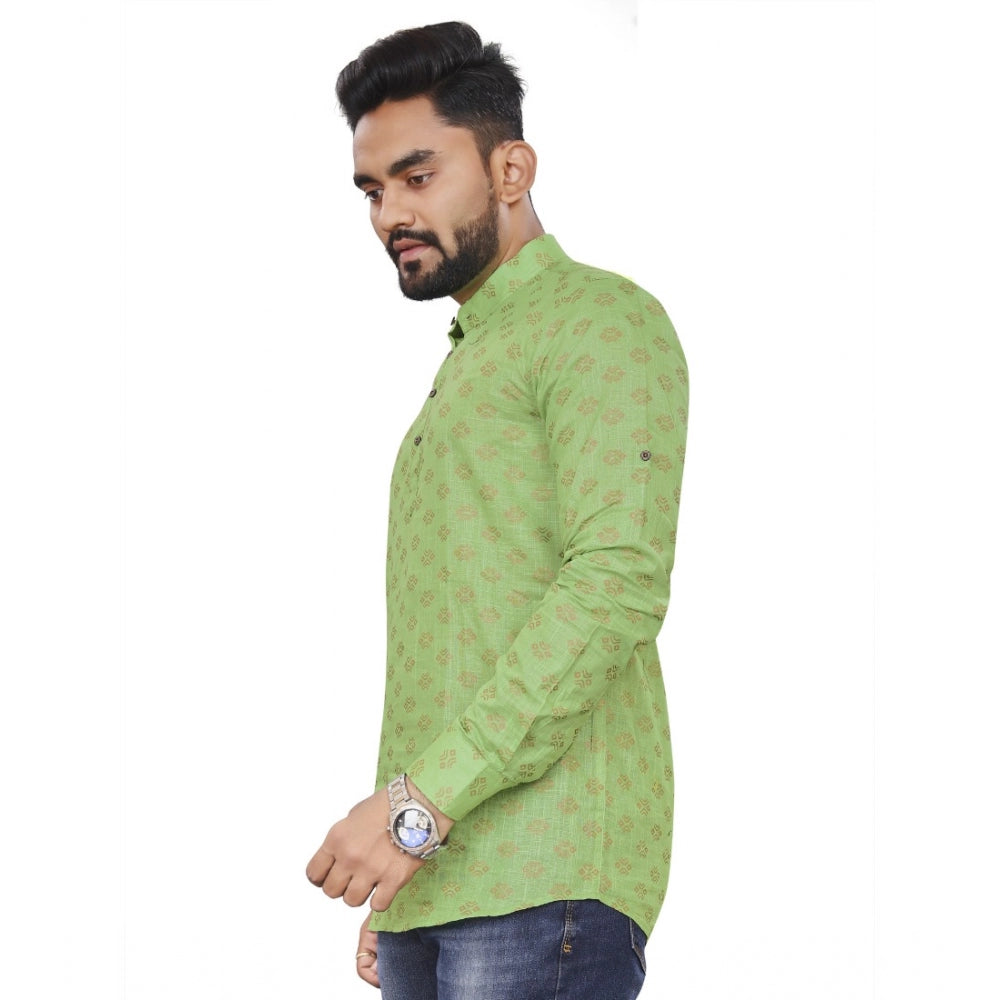 Generic Men's Cotton Printed Full Sleeve Short Kurta (Green)