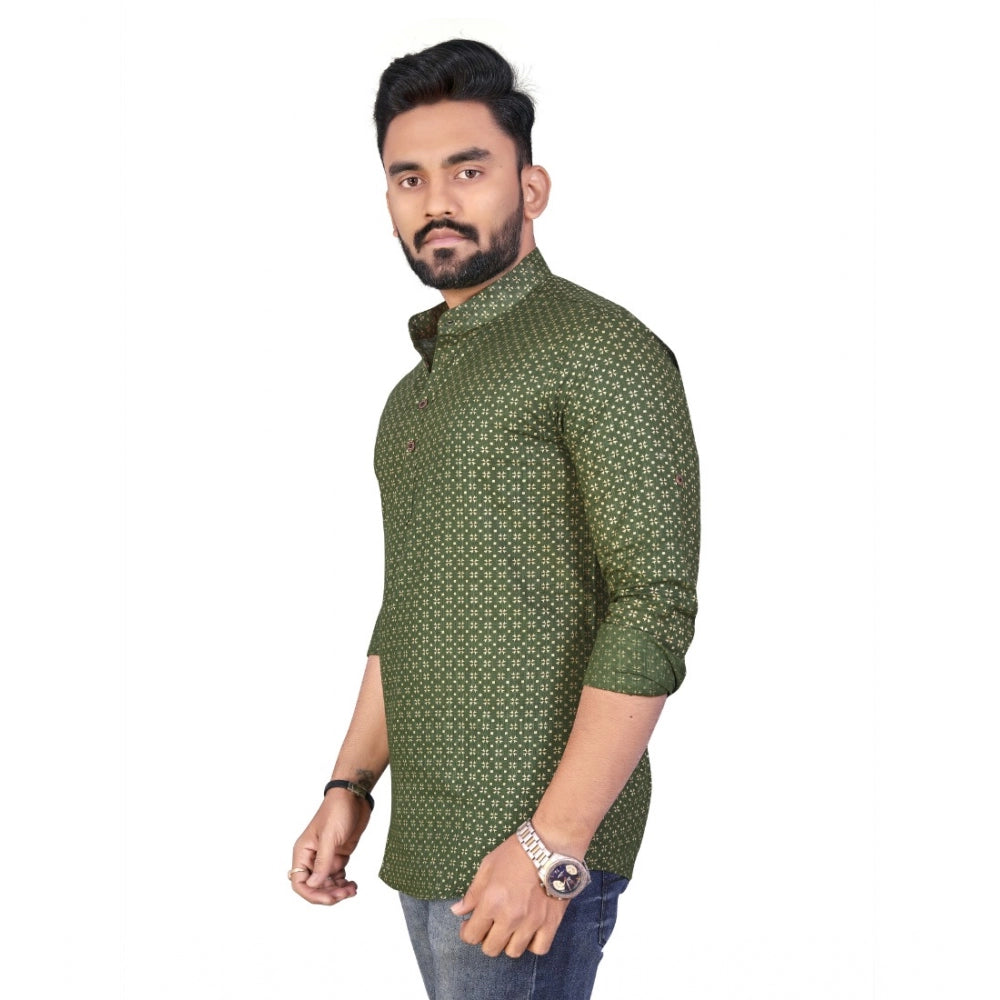 Generic Men's Cotton Blend Geometric Print Full Sleeve Short Kurta (Green)