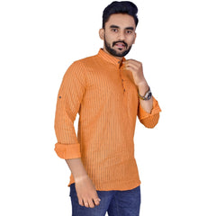 Generic Men's Cotton Blend Printed Full Sleeve Short Kurta (Orange)