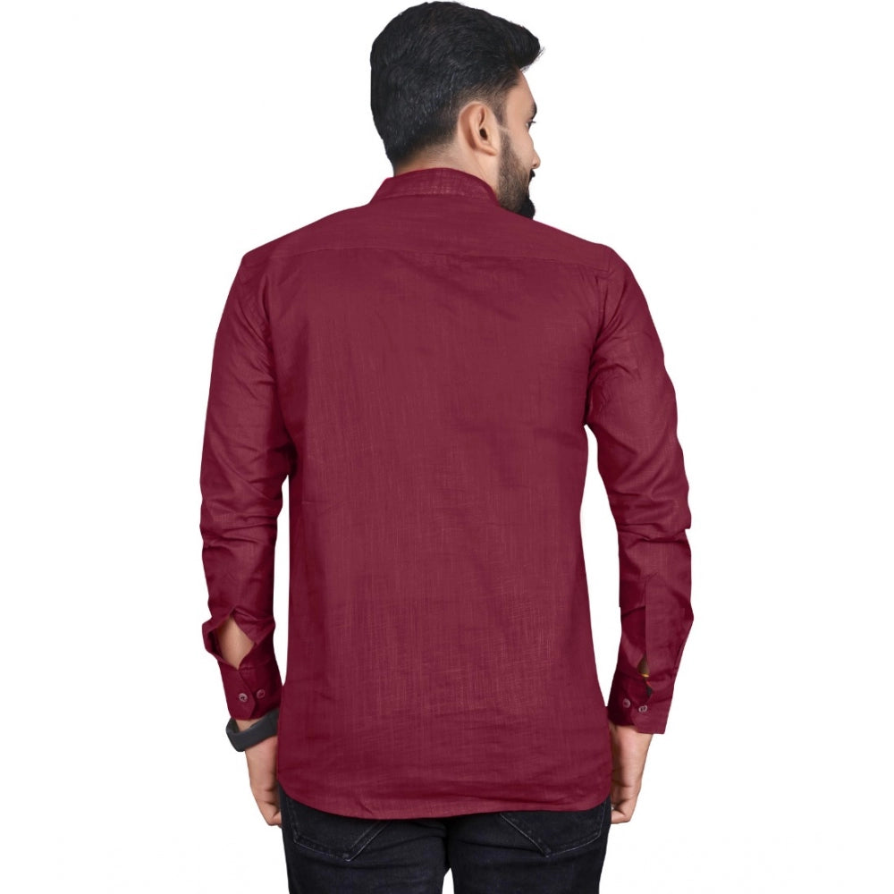 Generic Men's Cotton Solid Full Sleeve Short Kurta (Maroon)