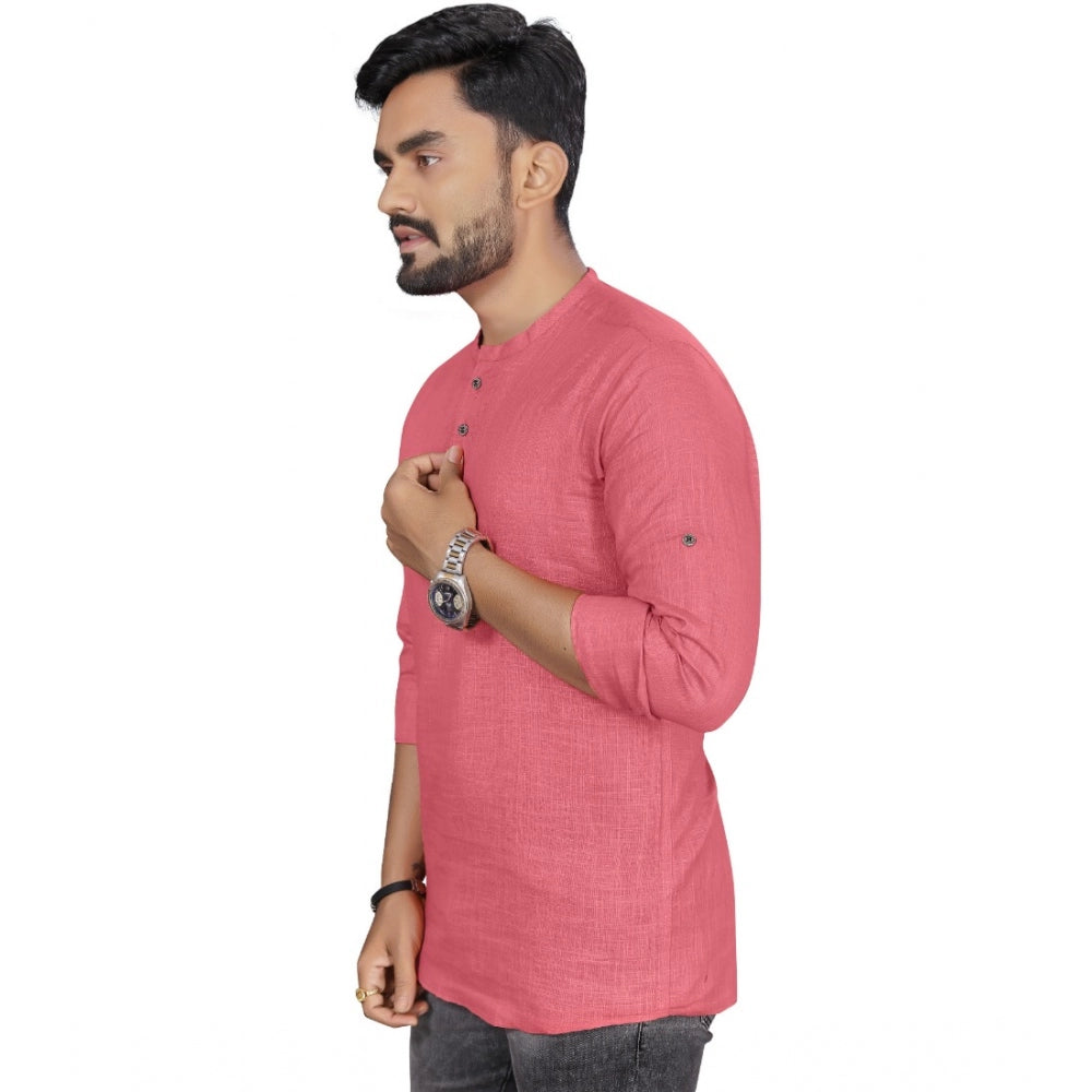 Generic Men's Cotton Solid Full Sleeve Short Kurta (Pink)