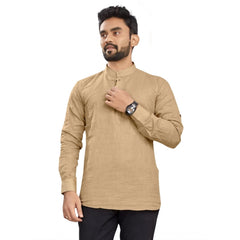 Generic Men's Cotton Solid Full Sleeve Short Kurta (Beige)