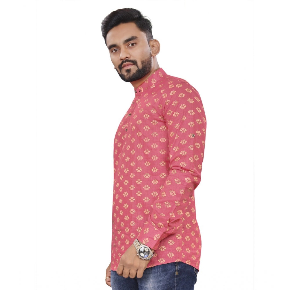 Generic Men's Cotton Printed Full Sleeve Short Kurta (Pink)