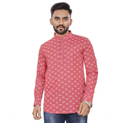 Generic Men's Cotton Printed Full Sleeve Short Kurta (Pink)