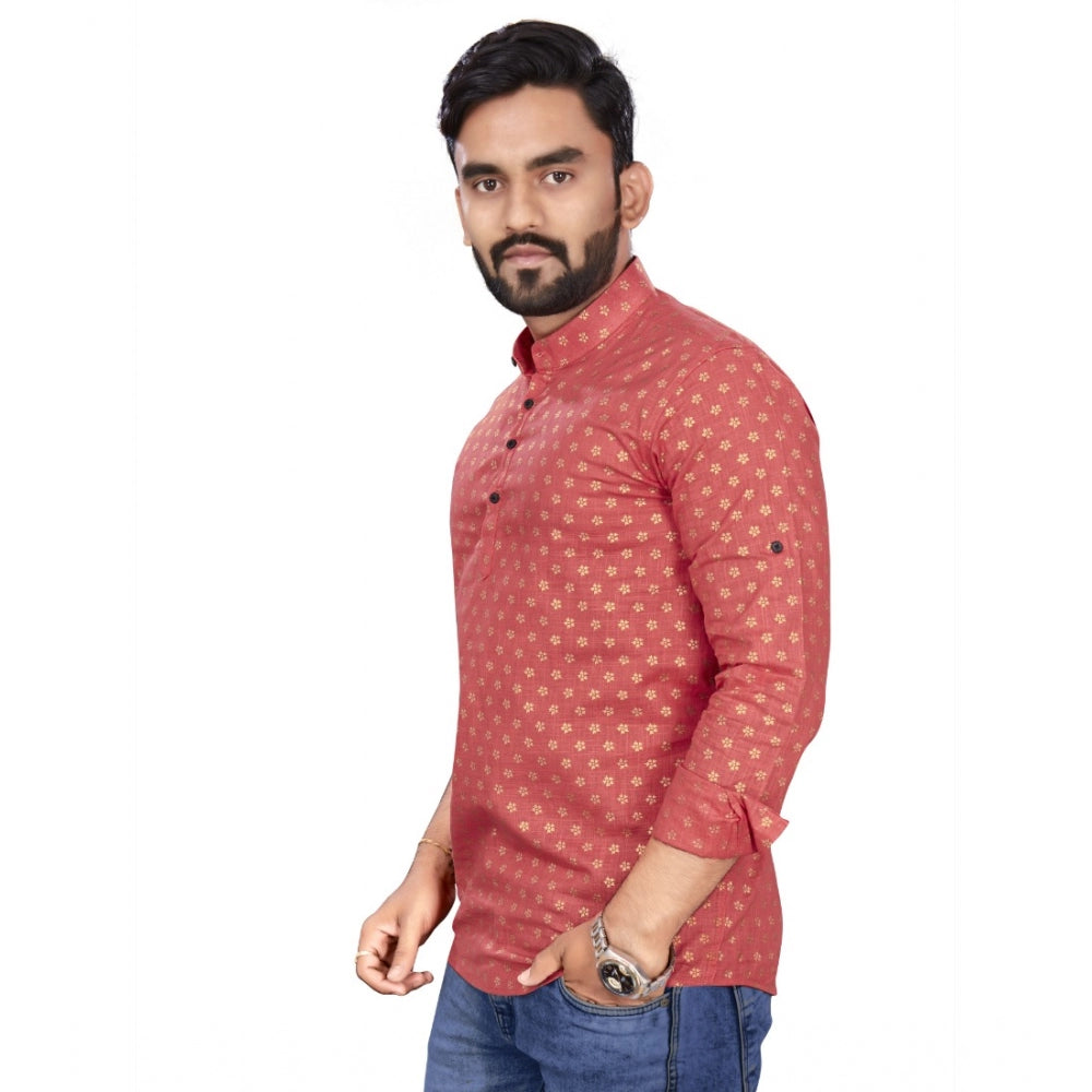 Generic Men's Cotton Printed Full Sleeve Short Kurta (Pink)