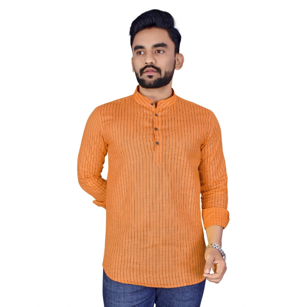 Generic Men's Cotton Blend Printed Full Sleeve Short Kurta (Orange)