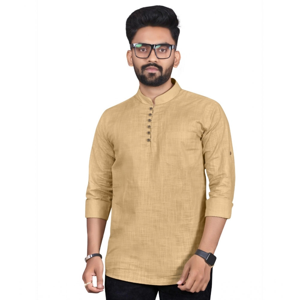 Generic Men's Cotton Solid Full Sleeve Short Kurta (Beige)