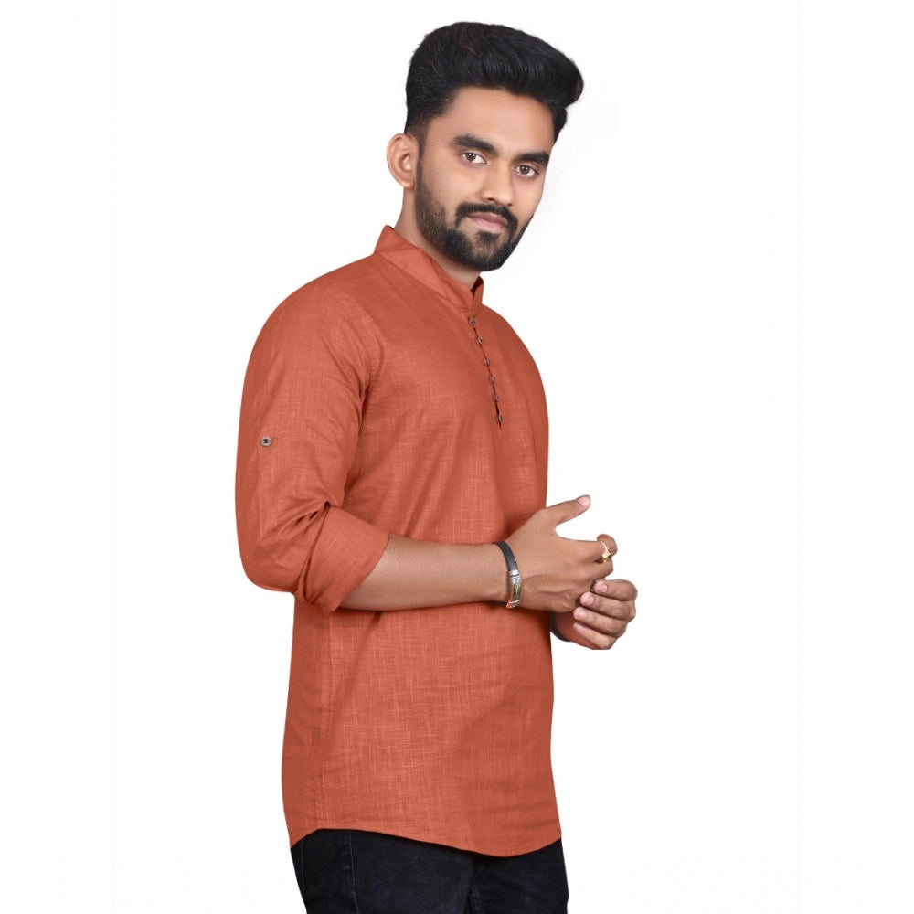 Generic Men's Cotton Solid Full Sleeve Short Kurta (Orange)