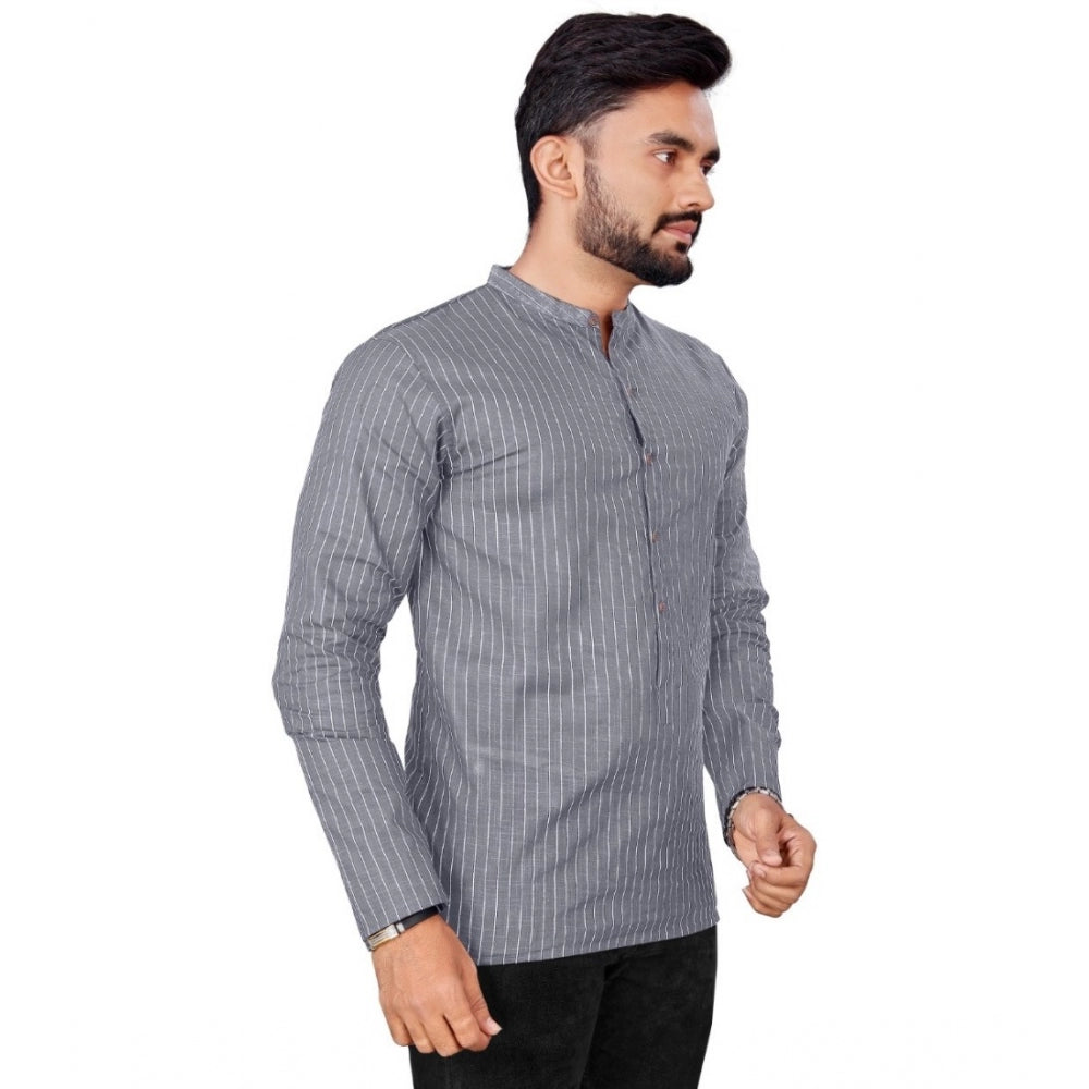 Generic Men's Cotton Striped Pattern Full Sleeve Short Kurta (Grey)