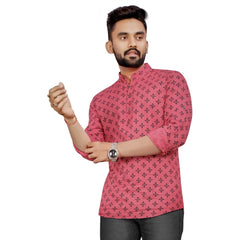 Generic Men's Cotton Printed Full Sleeve Short Kurta (Pink)