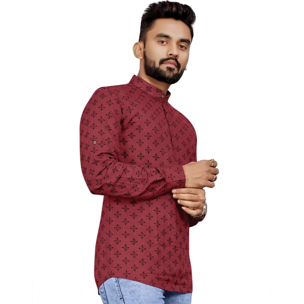 Generisches, bedrucktes, kurzes Kurta aus Baumwolle für Herren mit langen Ärmeln (Kastanienbraun)