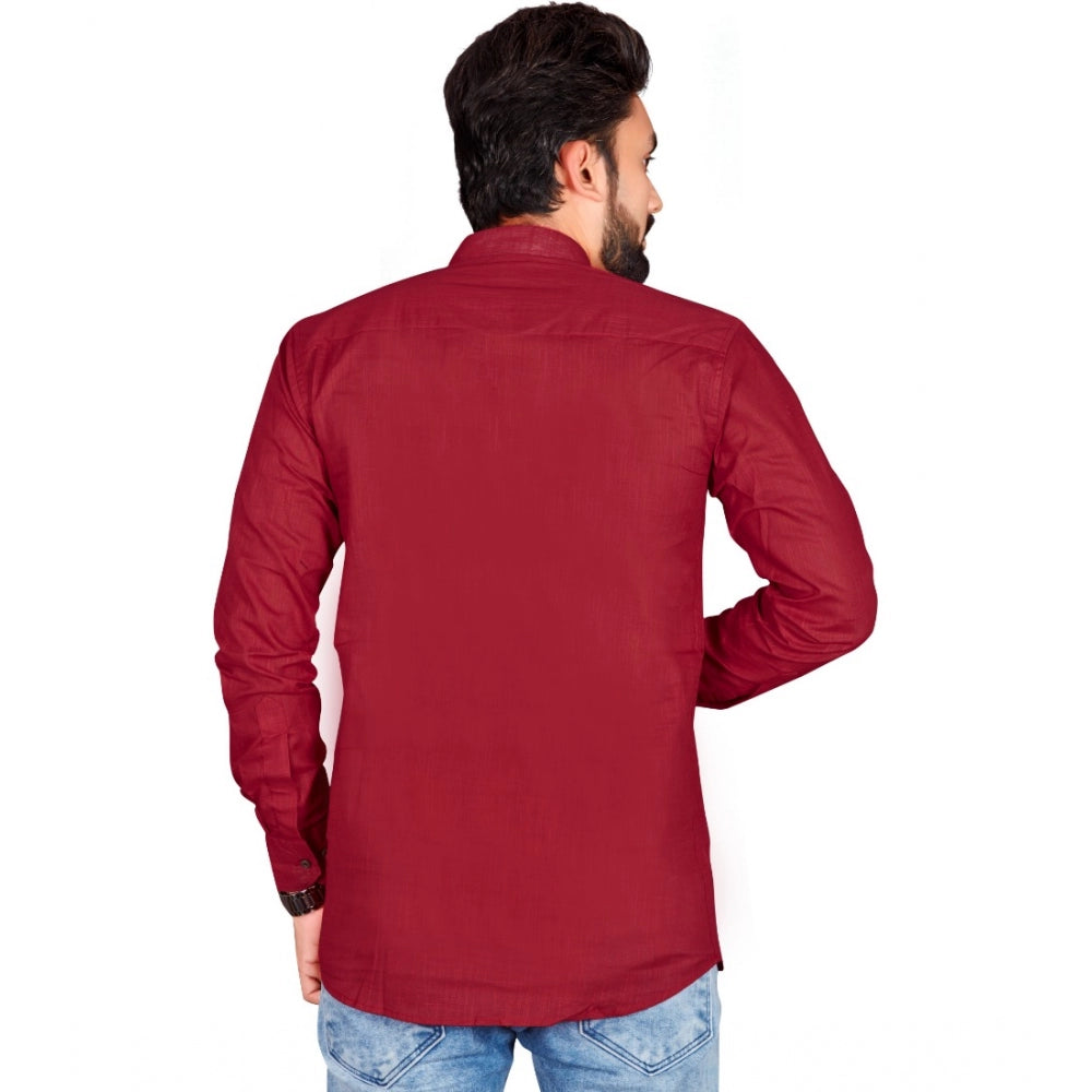 Generic Men's Cotton Solid Full Sleeve Short Kurta (Maroon)