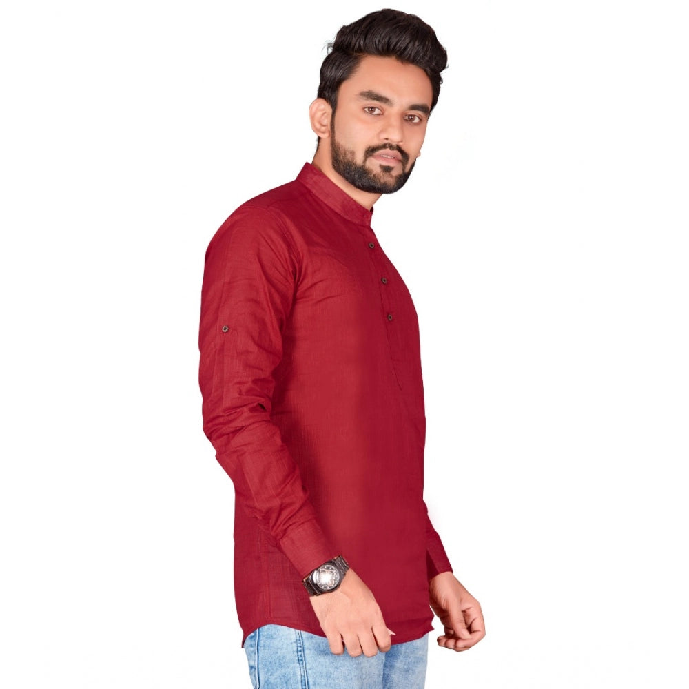 Generic Men's Cotton Solid Full Sleeve Short Kurta (Maroon)