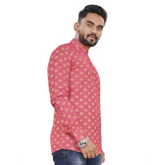 Generic Men's Cotton Printed Full Sleeve Short Kurta (Pink)