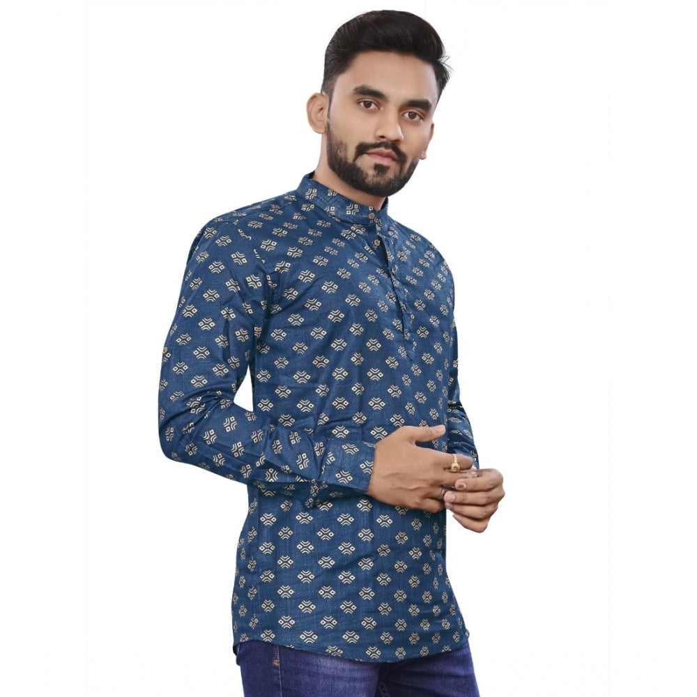 Generisches, bedrucktes, kurzes Kurta aus Baumwolle für Herren mit langen Ärmeln (Dunkelblau)