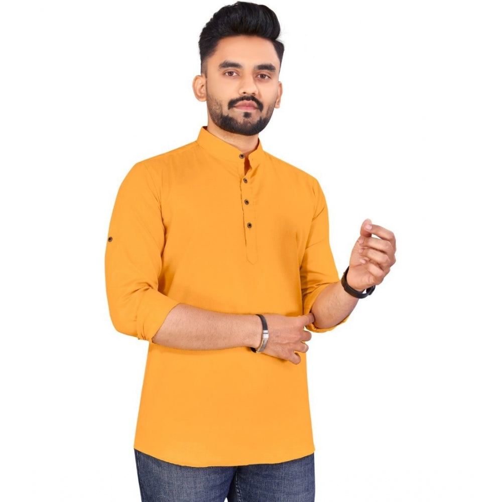 Generic Men's Cotton Printed Full Sleeve Short Kurta (Yellow)