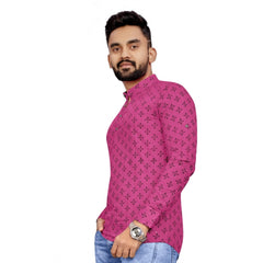 Generic Men's Cotton Printed Full Sleeve Short Kurta (Pink)