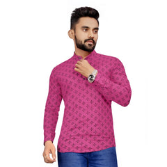 Generic Men's Cotton Printed Full Sleeve Short Kurta (Pink)