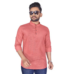 Generic Men's Cotton Blend Printed Full Sleeve Short Kurta (Peach)