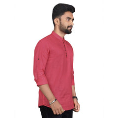 Generic Men's Cotton Solid Full Sleeve Short Kurta (Pink)