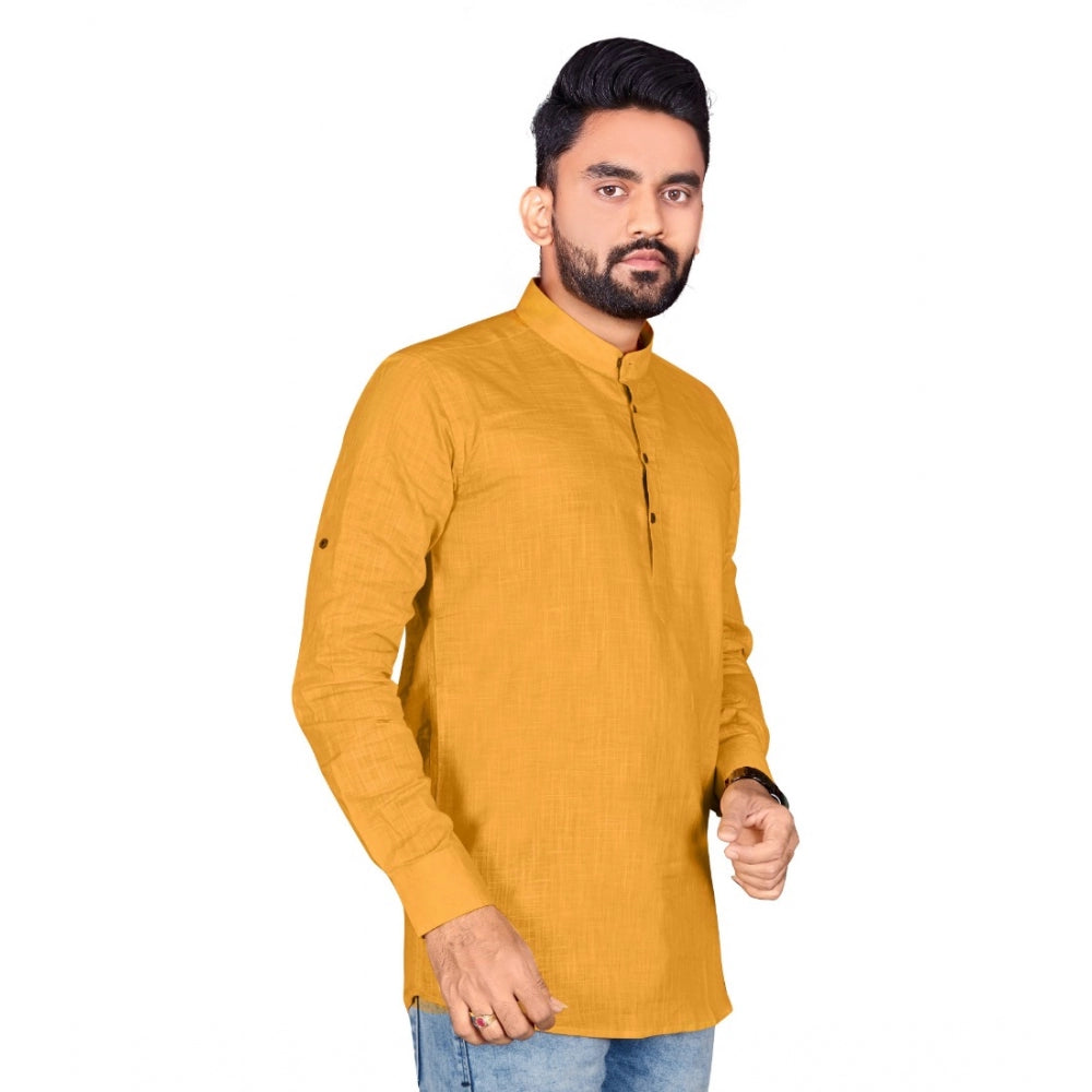 Generic Men's Cotton Solid Full Sleeve Short Kurta (Yellow)