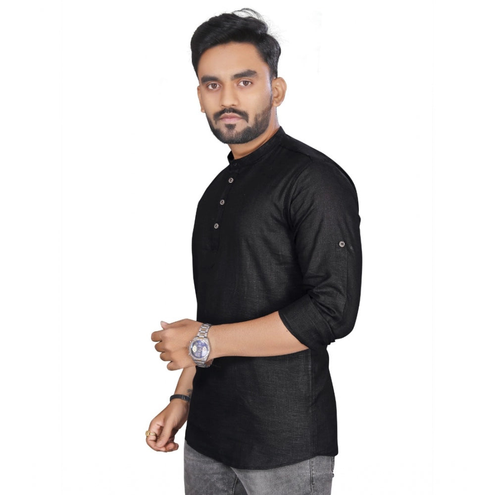 Generic Men's Cotton Solid Full Sleeve Short Kurta (Black)