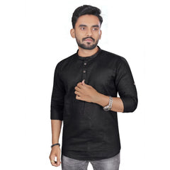 Generic Men's Cotton Solid Full Sleeve Short Kurta (Black)