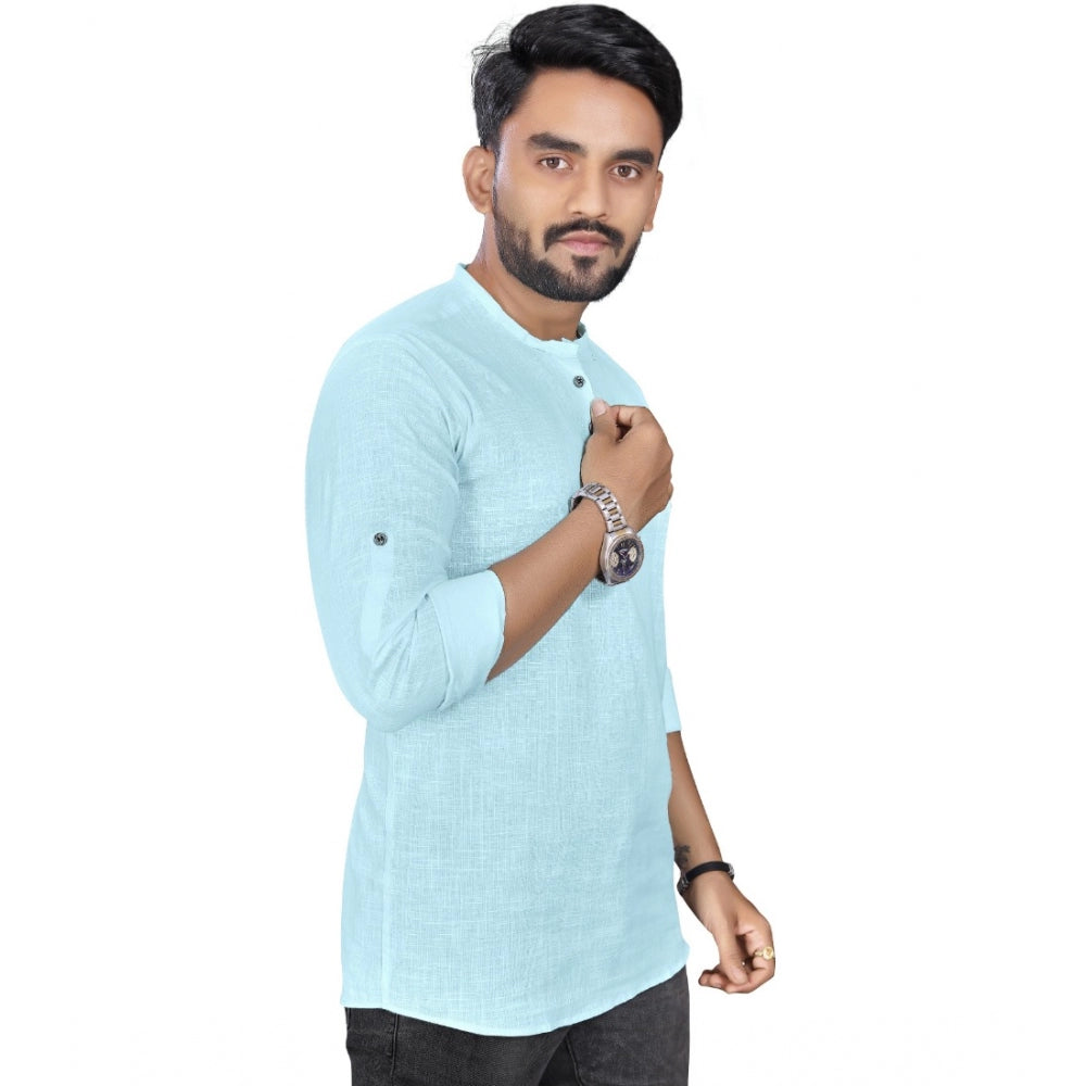 Generic Men's Cotton Solid Full Sleeve Short Kurta (Light Blue)