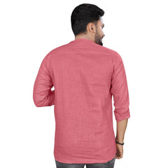 Generic Men's Cotton Solid Full Sleeve Short Kurta (Pink)