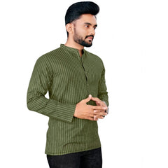 Generic Men's Cotton Striped Pattern Full Sleeve Short Kurta (Green)